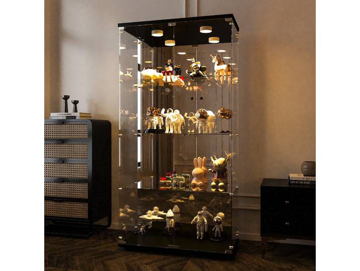 Vitrine en verre Rosahqnda, vitrine à 4 niveaux en verre trempé avec serrure, vitrine à double porte pour trophées, pour salon, bureau