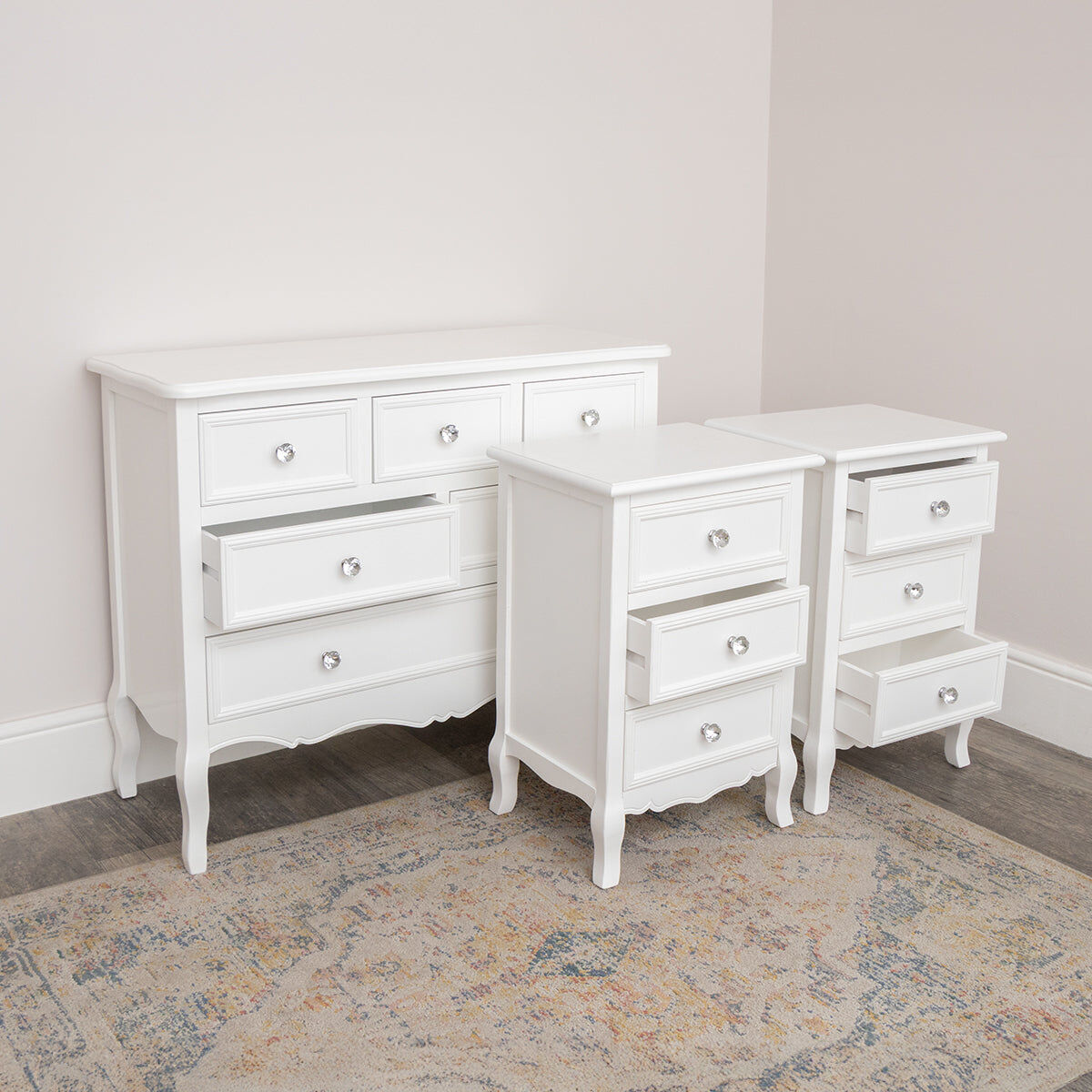 Large White 6 Drawer Chest of Drawers & Pair of 3 Drawer Bedsides - Victoria Range Wood, Resin, Metal