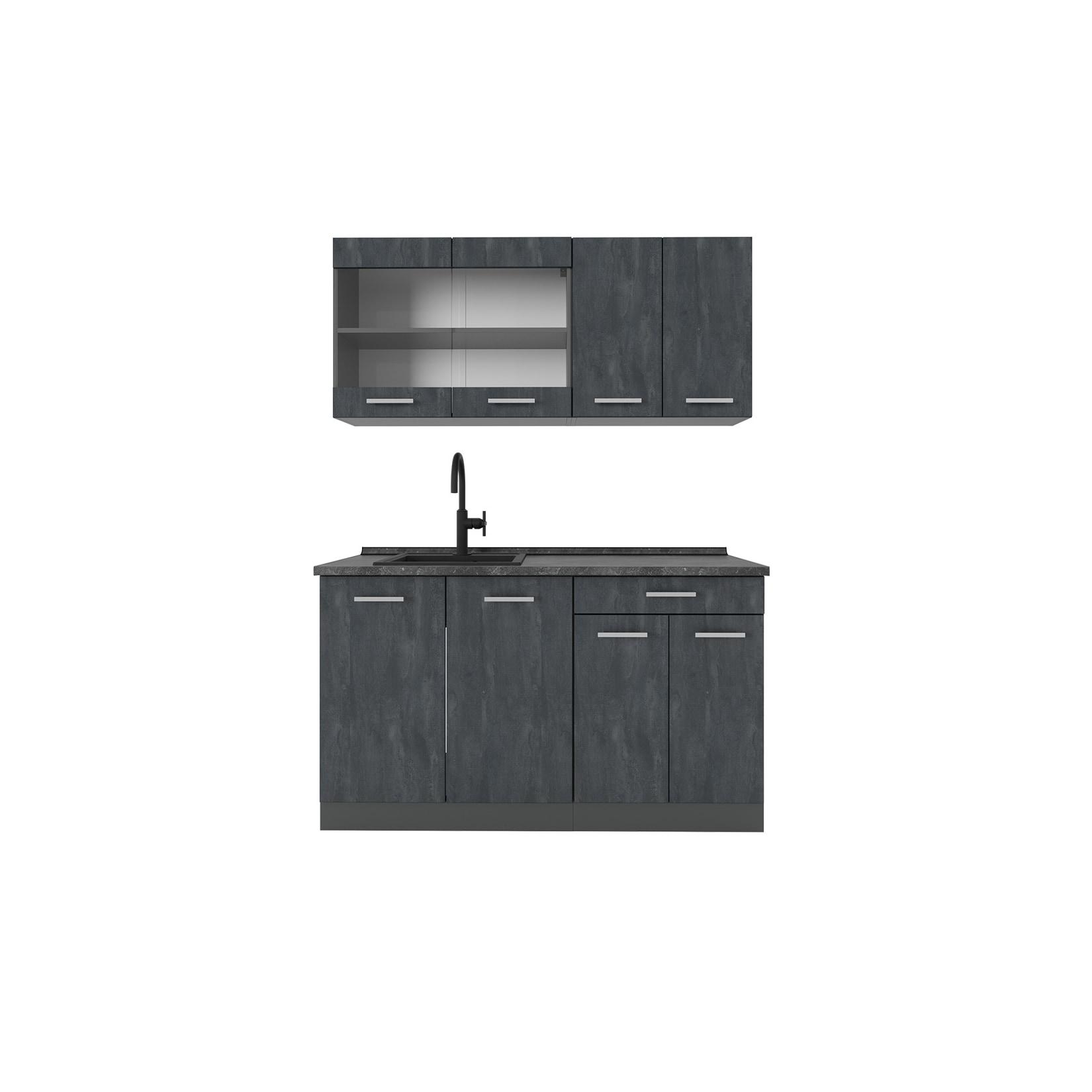 Vicco Singleküche R-Line 140 cm Schwarz Beton Anthrazit mit Arbeitsplatte Weiß-Marmor
