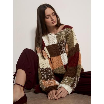 Strickpullover APRICOT "Patchwork-Pullover", Damen, Gr. M, braun, Strick, , Modisch, oversize Normale Länge, U-Boot-Ausschnitt, Pullover Strickpullover, in Grobstrick