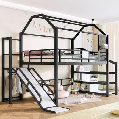 Telepassa Metal Playhouse Loft Bed with Storage Shelves