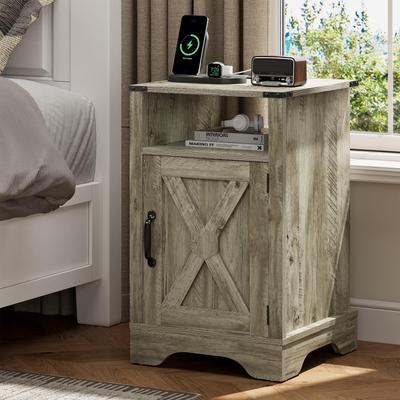 Farmhouse End Table with Charging Station Wooden Rustic Nightstands with Storage Cabinet and Shelf