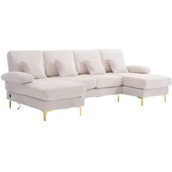 OKWISH U-förmiges Sofa mit hochwertigem Schaumstoff, Velvet-Bezug, LED-Beleuchtung, USB-Anschluss, ergonomisch, robust, komfortabel, 135x265cm, Beige