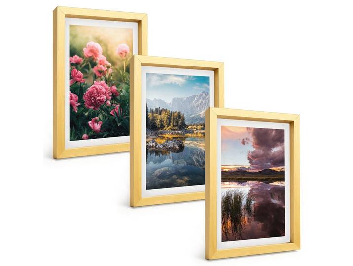BILDER SET 3er Set - 20x30 cm Goldrahmen - Blumengarten Berge Wasser