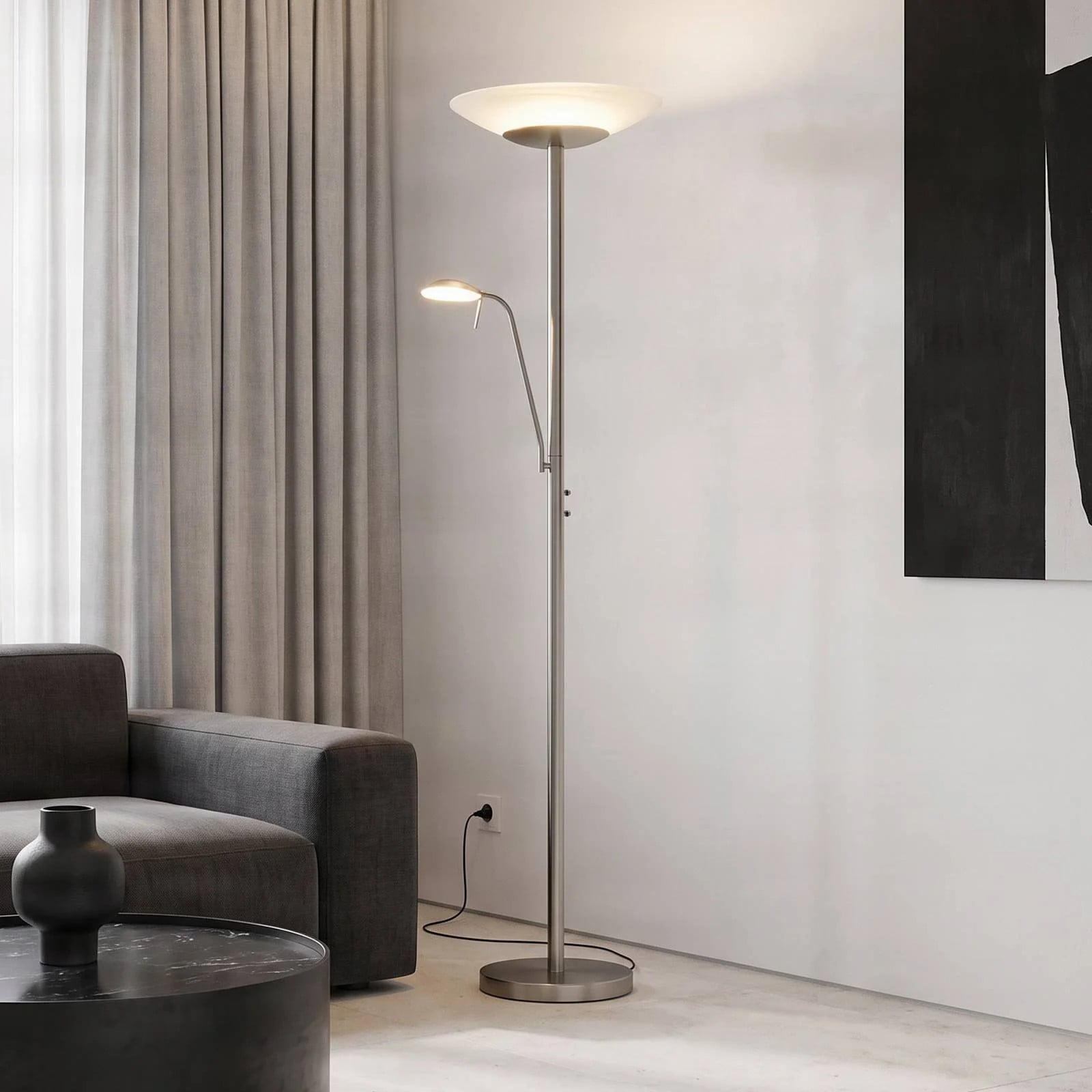 Lindby Ragna LED-vloerlamp met up-light, dimbaar, zilver en wit, modern metaal