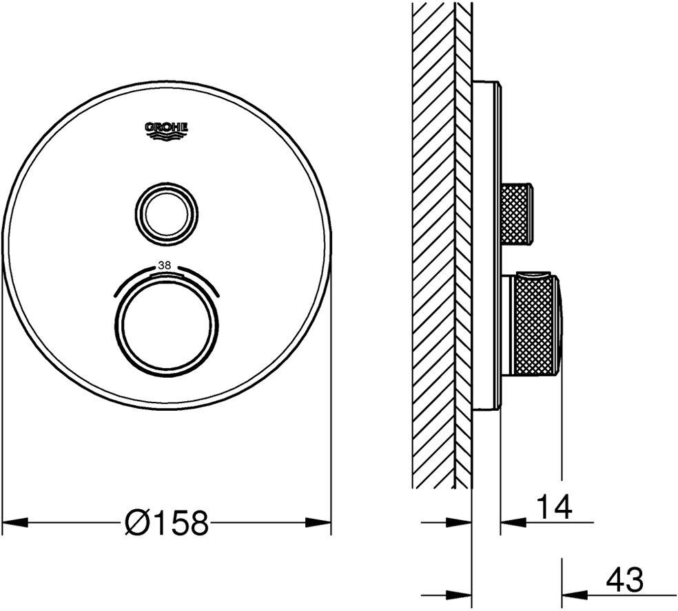 Grohe Grohtherm SmartControl Thermostat Fertigmontageset mit einem Absperrventil, runde Ausführung