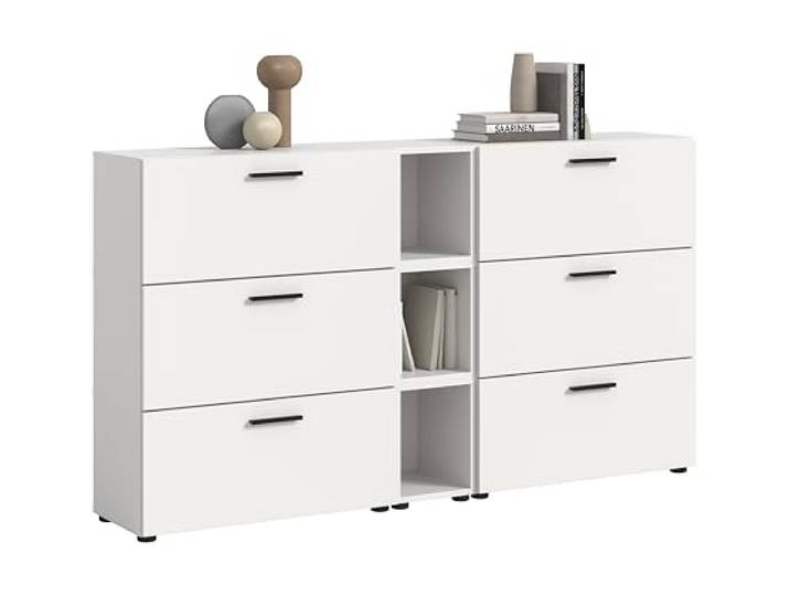 xonox.home – Wohnkombination The One 176x99x34 cm in Weiß Nachbildung – Stauraumwunder mit 6 Klappen – 12 geschlossene & 3 offene Fächer Sorgen für eine übersichtliche Aufbewahrung Ihrer Utensilien