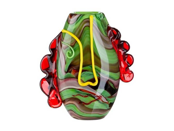 Art Conturo Vase Facial en Verre - Fabriqué à la Main - Hauteur : 30 cm x Largeur : 27 cm - Vert et Rouge - Motif Visage