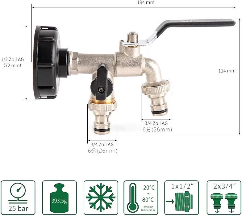 INF Außenwasserhahn mit Doppelauslass, 1/2 Zoll Außengewinde, Doppelauslass 3/4 Zoll