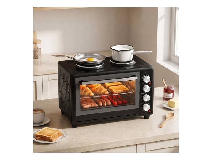 HOMCOM Minibackofen Mini Backofen mit Umluft und 2 Kochplatten 36L 90-230℃, 60-Min.-Timer, 36 L, 2 Kochplatten, Umluft, Drehspieß