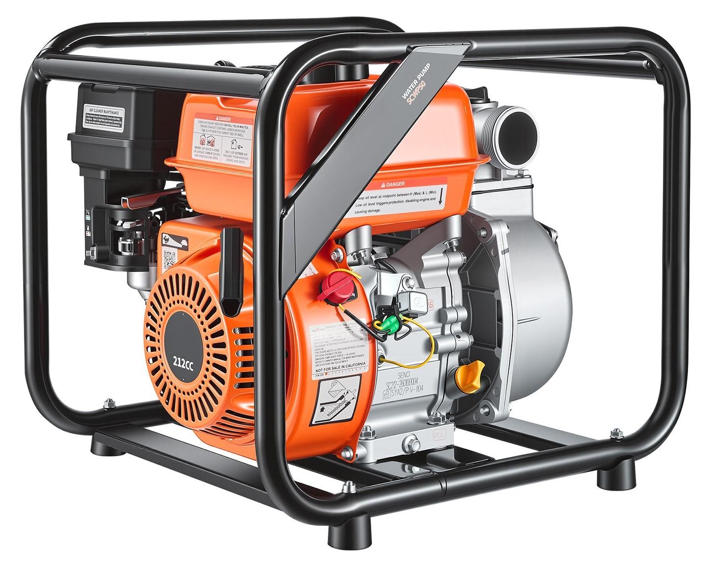 Wasserpumpe mit Benzinmotor, 50,8 mm, 142 GPM, 7 PS, halbautomatische Schmutzwasserpumpe, tragbar, mit Benzinmotor, 7,62 m Auslassschlauch, robuste Konstruktion, Laufrad aus Gusseisen, für Bewässerung, Schwimmbäder
