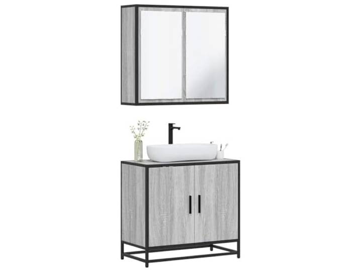 ZQQLVOO Badmöbel-Set 2-TLG. Grau Sonoma Holzwerkstoff Waschbeckenunterschrank mit Öffnung, Wandmontage, Metallgestell, Lowboard, Spiegelschrank, Bad