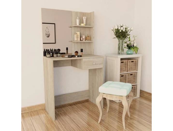 Coiffeuse Moderne Scandinave - Luxueux Magnifique - Chêne - Avec Miroir et Rangement