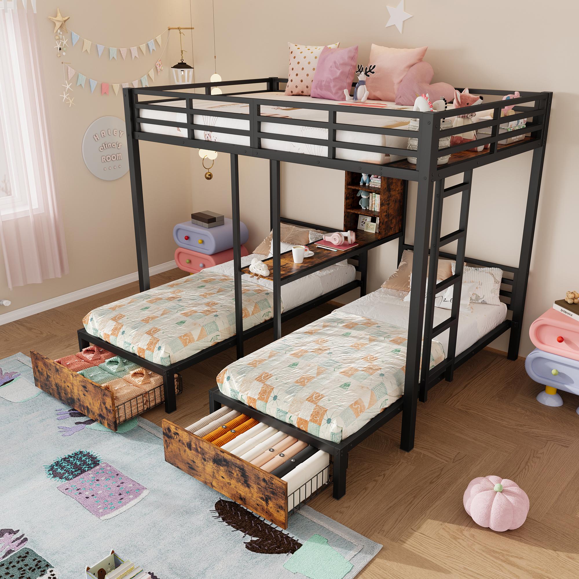 MODFU Dreier-Etagenbett 140/90x200 Metallbett ohne Matratze mit 3 Betten,Bettgestell mit Seitengittern und Staufächern,mit 2 Schubladen,schwarz