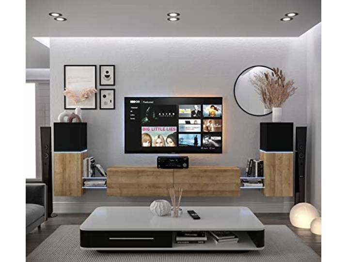 Furnitech Wohnwand Wohnzimmer Hängend Wohnwand Modern Wohnzimmer Schrankwand mit Regale und TV Schrank Wohnzimmer Möbel ohne LED (AN104-21BDZ-HGM7-1A)