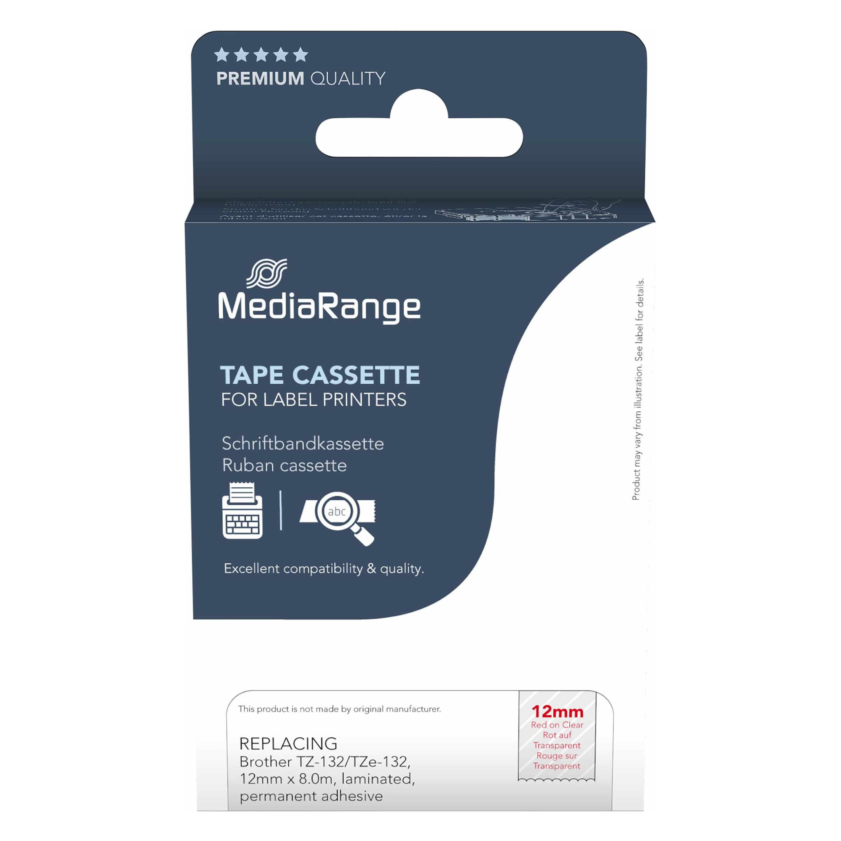 MediaRange Schriftbandkassette rot auf transparent 8m x 12mm (1.20 cm, Rot, Transparent) (MRBTZ132)