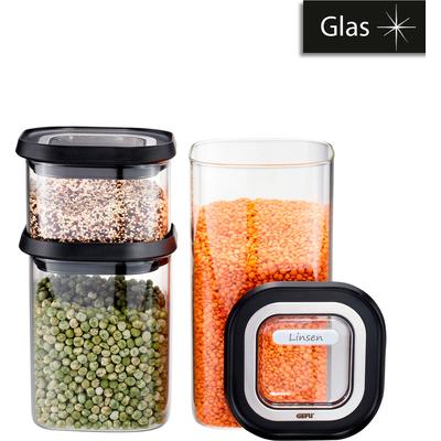 Vorratsglas GEFU "PANTRY", transparent, B:11cm L:11cm, Borosilikatglas, Kunststoff, Lebensmittelaufbewahrungsbehälter, Stapelbar, luftdicht, transparent, platzsparend