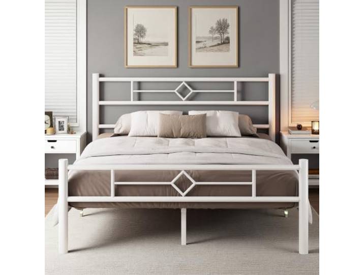 Feonase Metallbett 140x200, Bett 140x200 mit Kopfteil und Fußteil, Bettgestell aus massiver Metall, Unterbettkommode, einfache Montage, weiß