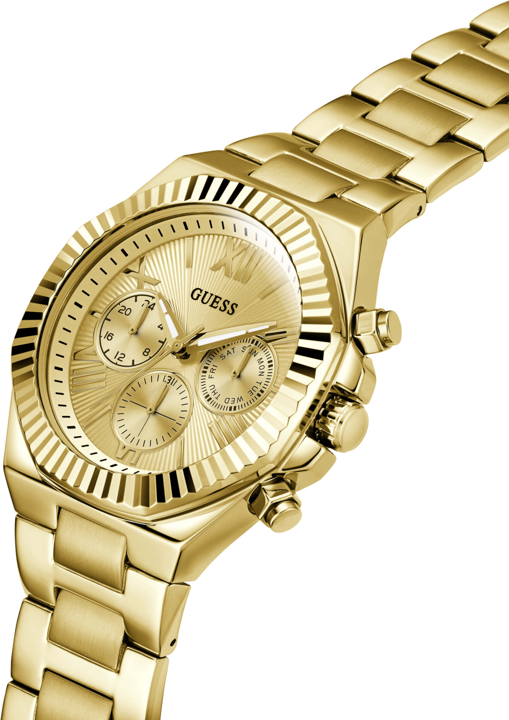 Multifunktionsuhr GUESS "EQUITY", gold (goldfarben, champagnerfarben, champagnerfarben), Armbanduhren, Herren, goldfarben, Multifunktionsuhr, Quarzuhr, Armbanduhr, Herrenuhr, Edelstahlarmband, analog, Tag