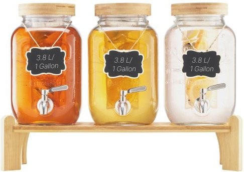 VEVOR Drankdispenser Set van 3 stuks, 3 x 3,8 l, Transparant Glas met Houten Standaard en Druppelvrije Tapkraan