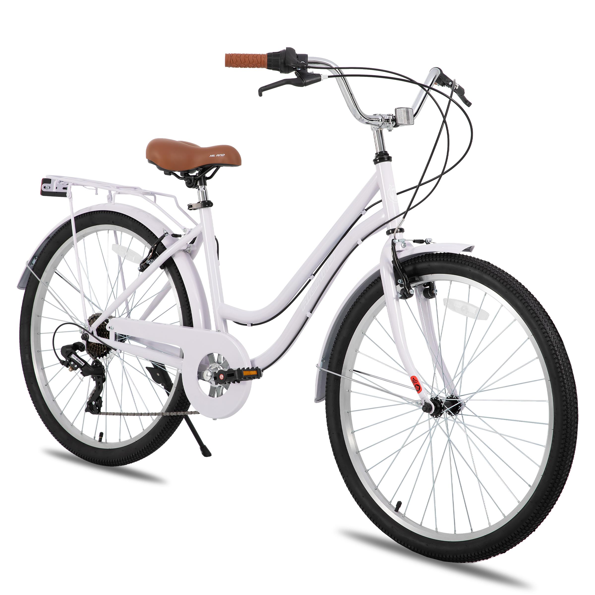 Hiland 26 Zoll 7 Gang Pendler Stadtfahrrad für Männer und Frauen, Step-Through Rahmen Cityräder für Erwachsene mit Gepäckträger, Fender