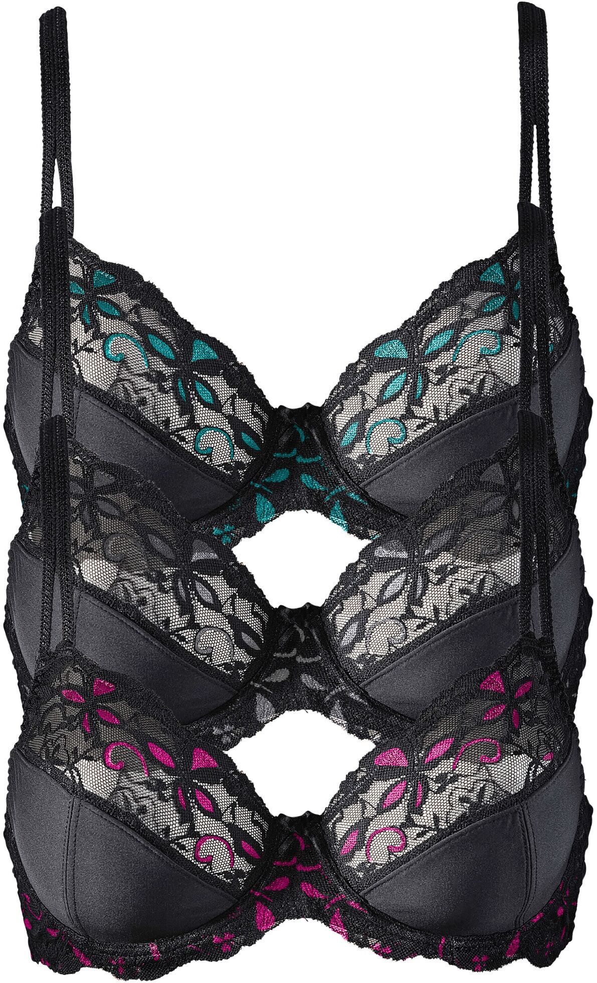 Bügel-BH BONPRIX "Bügel-BH mit zarter Spitze (3er Pack)", Damen, Gr. 95, Cup D, schwarz (sz, pink, sz, grau, sz, türkis), Spitze, Obermaterial: 86% Polyester, 14% Elasthan. Spitze: 75% Polyamid, 15% Viskose, 10% Elasthan, mehrfarbig, BHs Bügel-BH, mit Hak