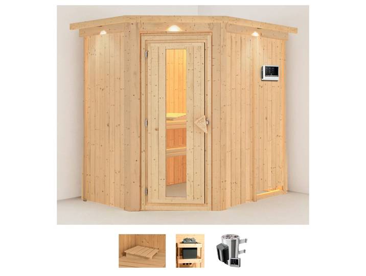 Sauna KARIBU Swantje , beige (naturbelassen), Saunaofen, externe Steuerung, 3,6 kW, Saunen, Sauna, Ofen 3,6 kW externe Strg.easy