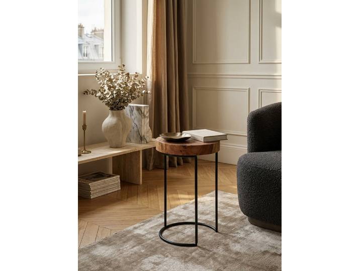 KADIMA DESIGN Beistelltisch Beistelltisch AKOLA Massiv-Holz Wohnzimmer-Tisch Metallbeine, Landhaus-Stil Baumstamm-Form Echt-Holz Natur