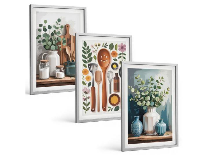 Tulup Bilder SET 3er Set - 40x60 cm Silberner Rahmen - Küchenaccessoires auf pflanzlicher Basis, Silberfarben, Kunststoff, Rechteckig, 40x60 cm, einfache und schnelle Anbringung, Bilder & Rahmen, Bilder