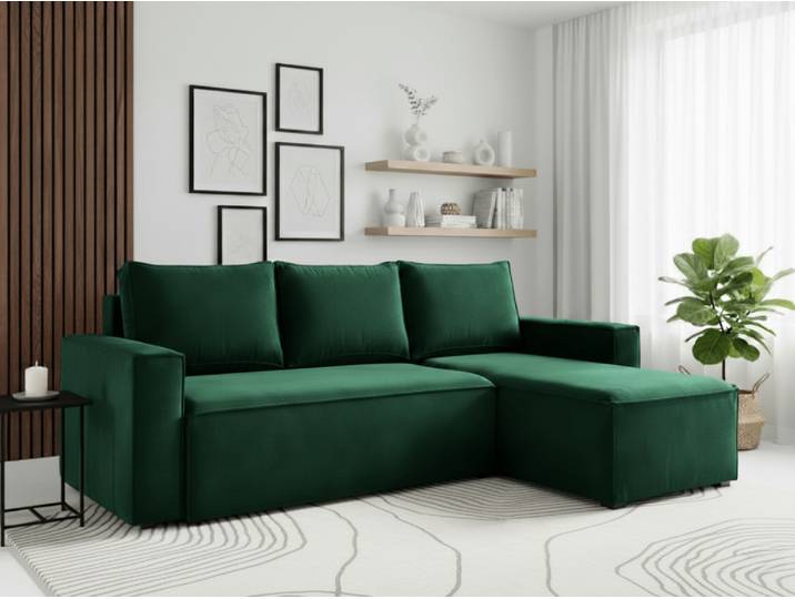 ANGEBOT Dunkelgrünes ausziehbares Ecksofa CAVELO, beidseitig II. Wahl