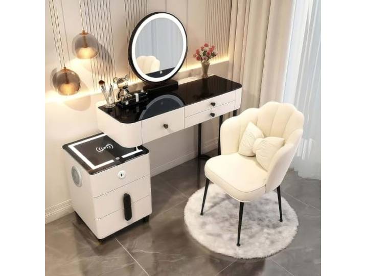 ANHFYS Schminktisch Set mit Spiegel, Glasplatte, Hocker, Weiß, Vormontiert Modern Multifunktionaler Frisierkommode 3-in-1 mit 5 Schubladen für Schlafzimmer, Metallgestell, Einfach zu Montieren