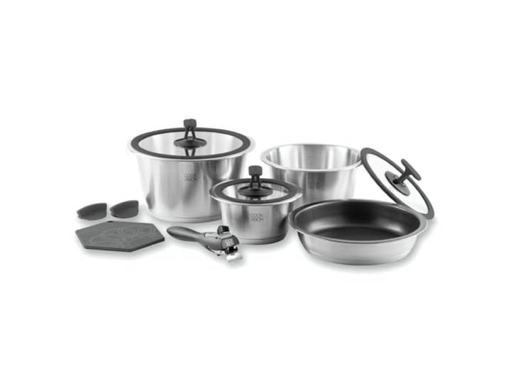 cookvision nesto stapelbares Topf- und Pfannenset 11-tlg. Schwarz, 3 Edelstahltöpfe, Spülmaschine, Induktion, Backofen, Antihaftpfanne, abnehmbarer Griff, 3 Glasdeckel, für Paare, Camping, Reisen
