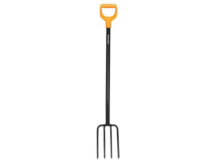 Fiskars Fourche à bêcher pour sols durs et caillouteux\, Avec 4 dents\, Longueur : 120 cm\, Manche en acier de haute qualité\, Noir/Orange\, Solid\, 1070673