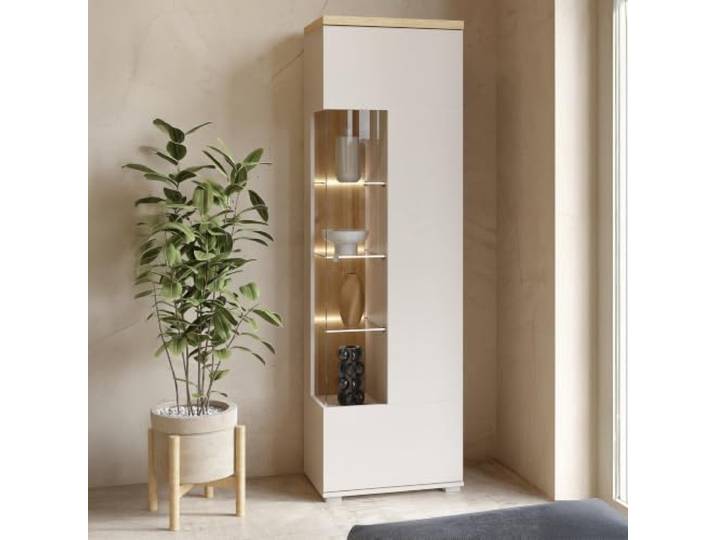 Lomadox Wohnzimmer Standvitrine Vitrine 55 cm breit in Kaschmirbeige mit Eiche LED-Beleuchtung Glasböden Esszimmer