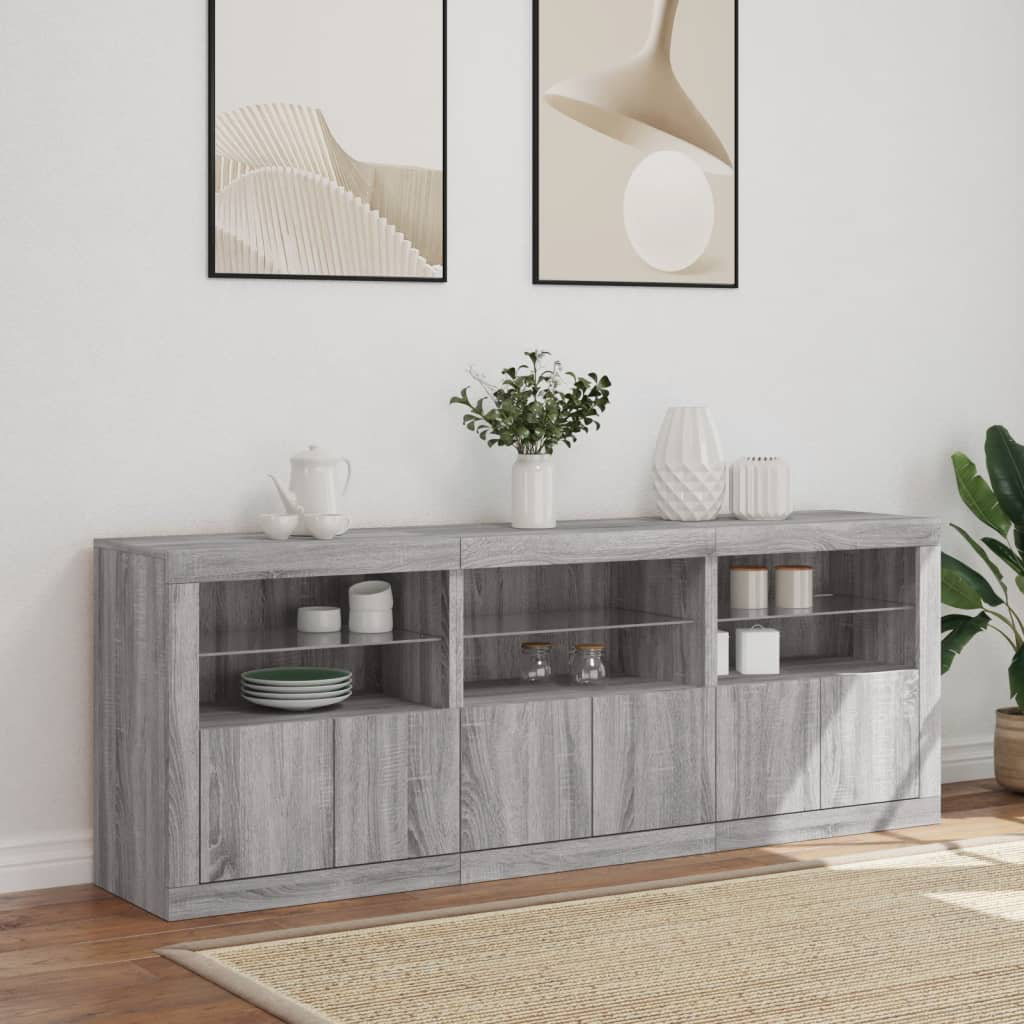 Metro Barzykin 181.5 cm W Glass Sideboard Grey Sonoma 67cm H X 181.5cm W X 37cm D