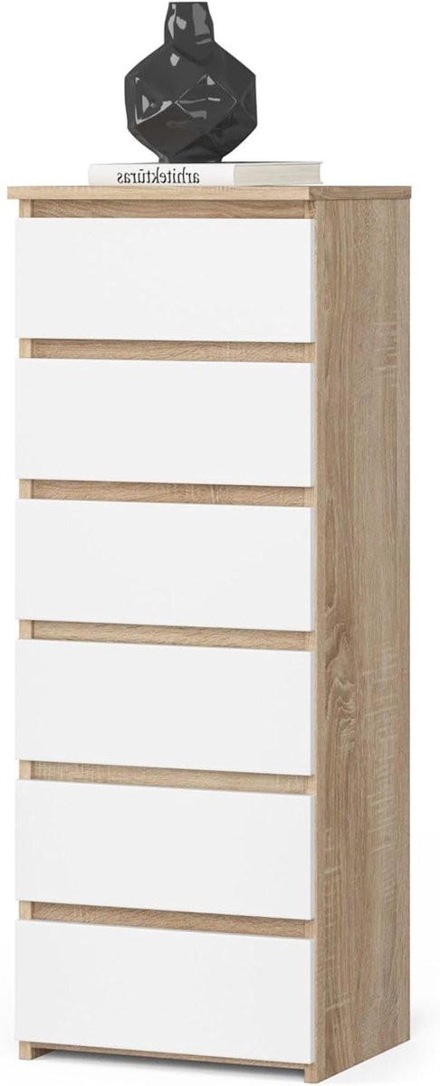 Moderne Ladekast met Zes Lades voor Slaapkamer of Woonkamer - Sonoma Oak Wit - Breedte: 40 cm