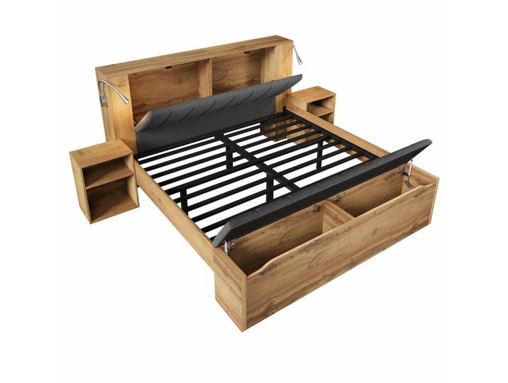 Oxeza Polsterbett 160/200 cm Eiche mit 2 Nachttische, Bettbank mit Stauraum und Leselampen mit Usb, Naturfarben, Holz, Mode, Rechteckig, 160x200 cm, Schlafzimmer, Betten, Polsterbetten