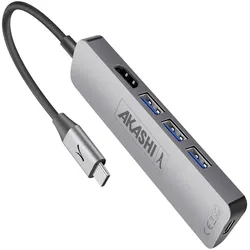 Akashi 4-in-1 Multiport Adapter, USB-C / USB 3.0 / HDMI 4K Adapter by – Grau (4 Ports), Dockingstation + USB Hub, Grau