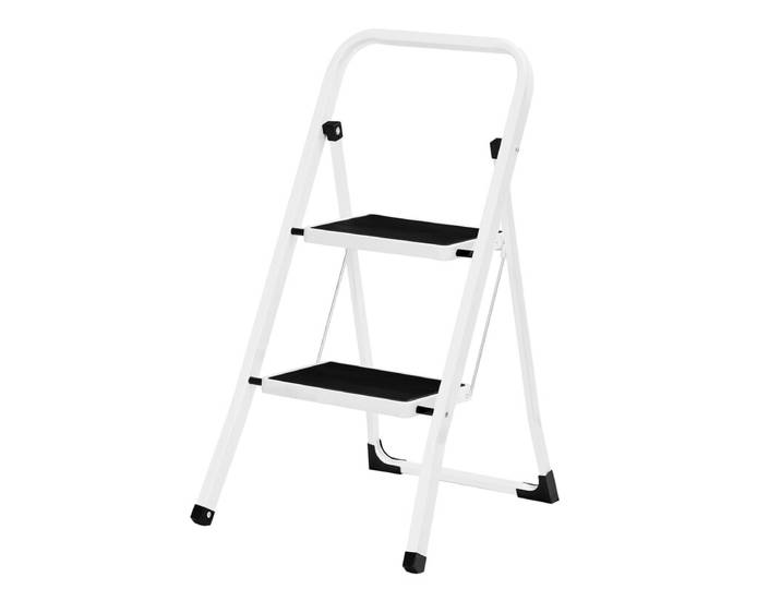 JOYFURNOS Échelle, Marchepied en acier pliable à 2 niveaux avec poignée, Robuste 150 kg, 86,5 x 44,5 x 4,5 cm, Blanc