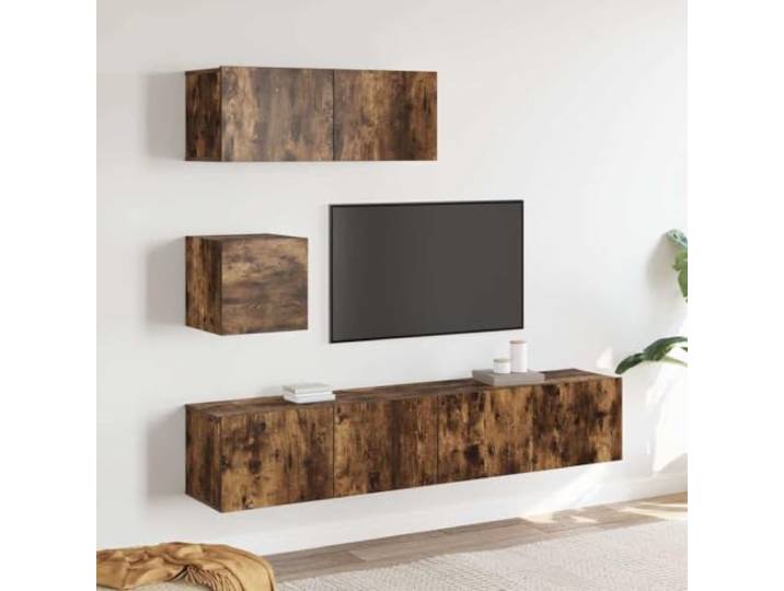 HEFZGDB 4-TLG. TV-Schrank-Set Räuchereiche Holzwerkstoff mit Wandmontage und viel Stauraum für Multimedia