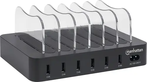Manhattan 102254 USB Ladestation 50 W 6x USB-A Schwarz, Transparent Innenbereich