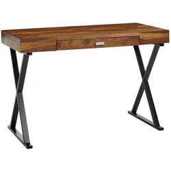 Massivholz Schreibtisch Sheesham, X-förmiges Metallgestell, Schublade. Schwarz, 120x55x78 cm | Kadima Design