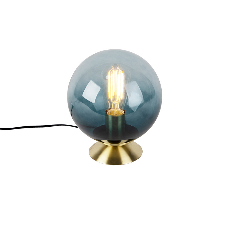 Qazqa Art Deco tafellamp met blau glas en messing voet