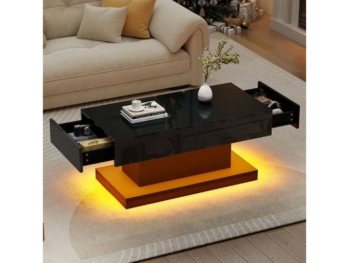 Table basse avec barre lumineuse LED Noire 100x50x45cm Table de salon avec 2 tiroirs Table D'appoint haute brillance Table à thé