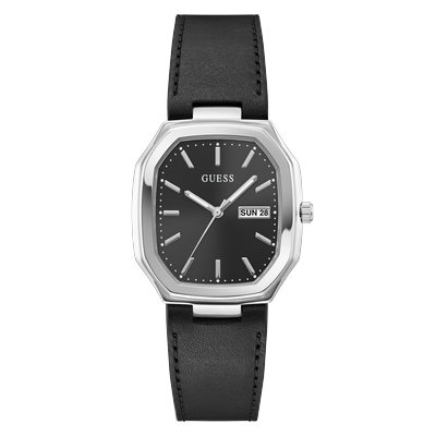 Quarzuhr GUESS "OLIVER", schwarz (schwarz, schwarz), Armbanduhren, Herren, Quarzuhr, Armbanduhr, Herrenuhr, Lederarmband, analog, Tag, Wochentag