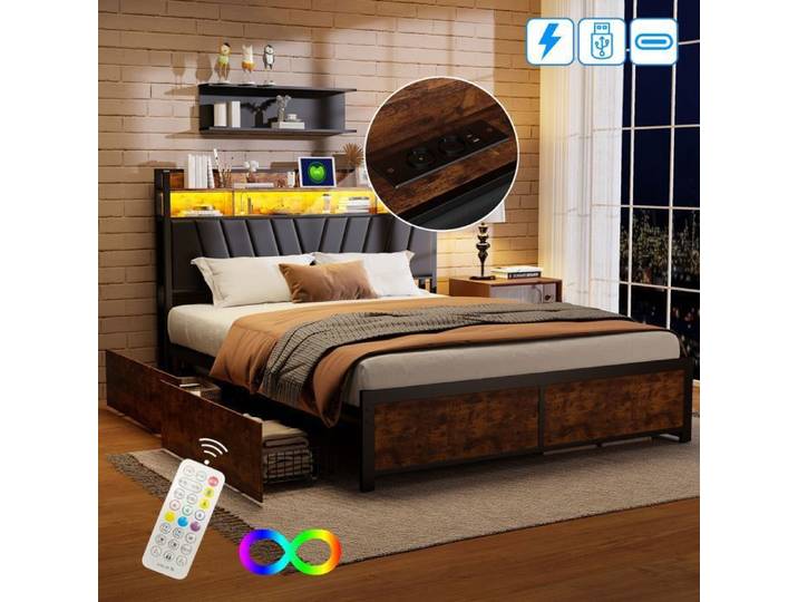 Lit double 160x200 cm - TANANT - Métal - 4 tiroirs - Éclairage LED - USB intégré