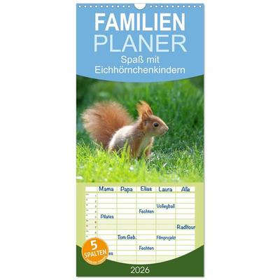 Familienplaner 2026 - Spaß mit Eichhörnchen-Kindern mit 5 Spalten (Wandkalender, 21 x 45 cm) CALVENDO
