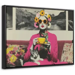 LEINWAND Bilder mit Rahmen - Frau - Katze - Blumen - Tasse - Retro - 40x30