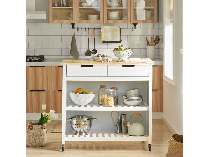 SoBuy FKW74-WN chariot de service avec chariot à roulettes cuisine étagère de cuisine étagère sur pied cuisine blanc-naturel 98x94x58CM
