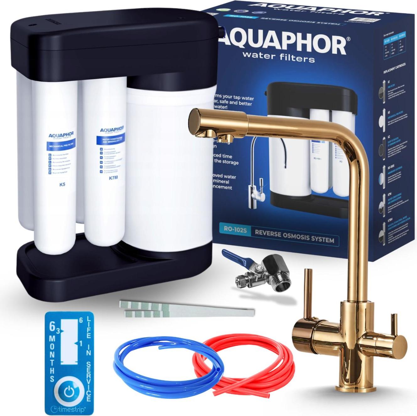 Wasserfilter Set Morion mit 3-Wege Küchenarmatur Ari Venom 1, Umkehrosmose, 360° schwenkbar, Gold